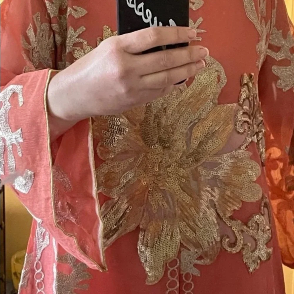 Elegant Coral Floral Embroidered Dress - Picture 4 of 9